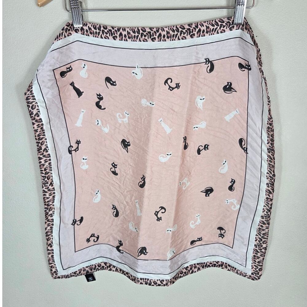 Mulberry 100% Silk Printed Cat Design Square Purse Scarf Pink White & Black